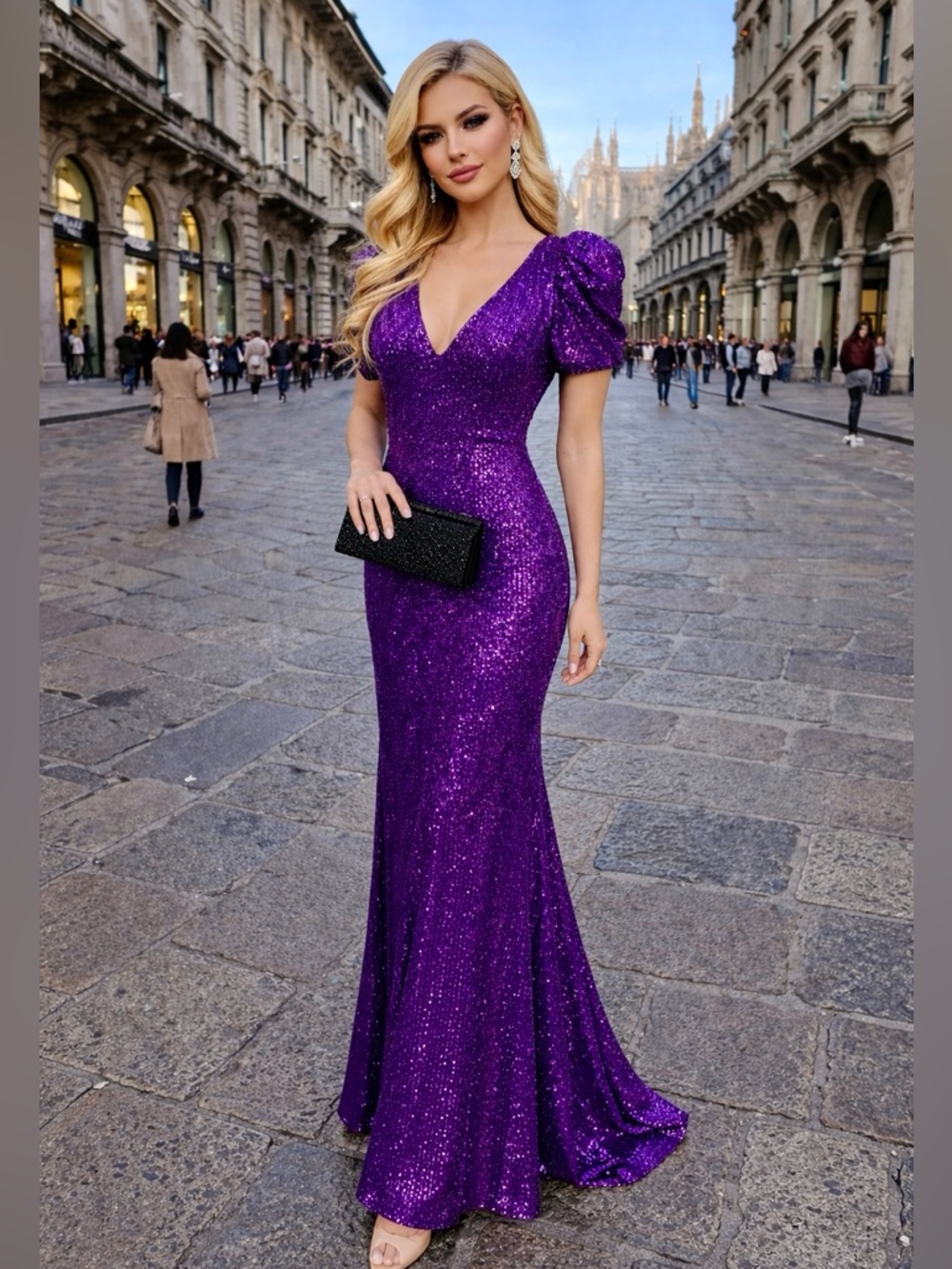 Purple Sequin V-Neck Evening Gown size XL